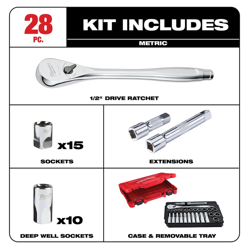 Milwaukee 48-22-9510 1/2" Drive Metric Ratchet and Socket Set - 28 PC - Image 2