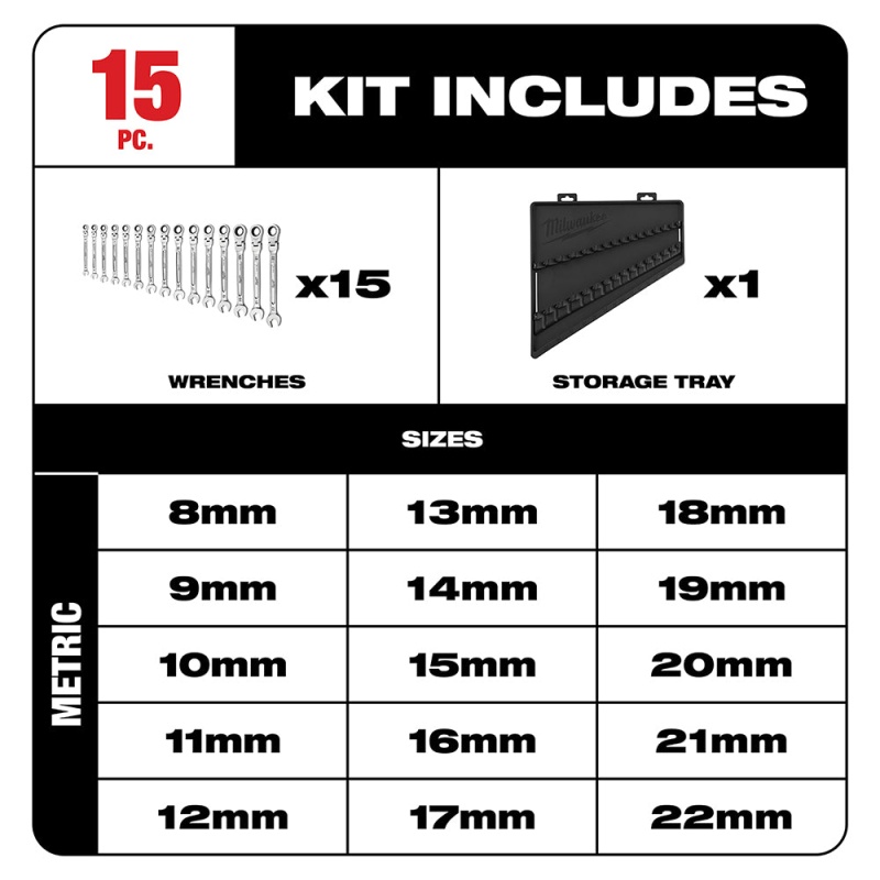 Milwaukee 48-22-9513 Flex Head Ratcheting Metric Combination Wrench Set - 15 PC - Image 2