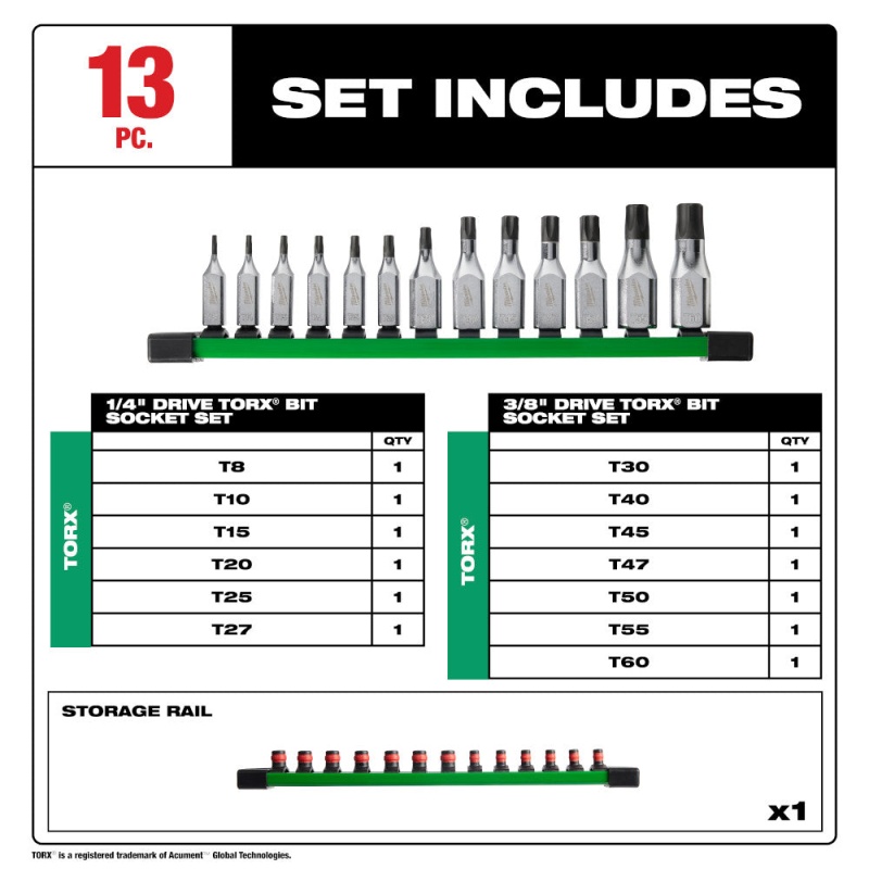 Milwaukee 48-22-9532 1/4" and 3/8" Drive TORX Bit Socket Set - 13 PC - Image 2