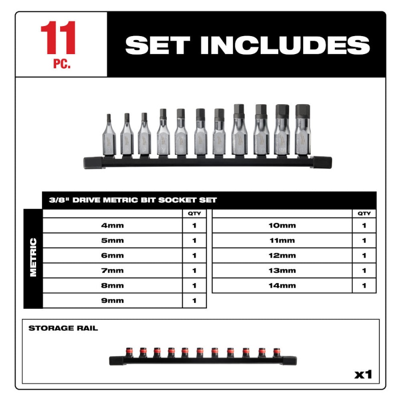 Milwaukee 48-22-9543  3/8" Drive Hex Bit Socket Set - Metric - 11 PC - Image 2