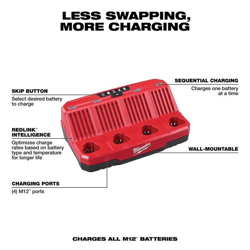 Milwaukee 48-59-1204 M12 12V REDLINK 4-Bay Skip Button Battery Charger - Image 2