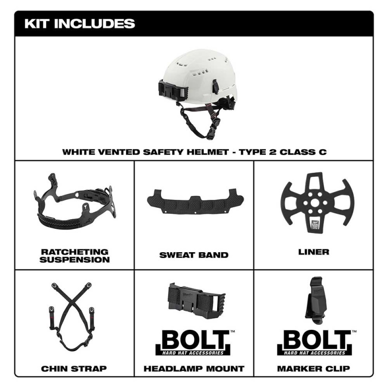 Milwaukee 48-73-1300 White Vented Class C Type 2 Safety Helmet w/ BOLT - Image 2