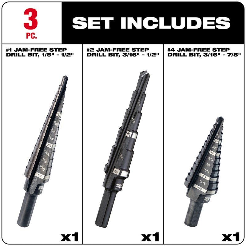 Milwaukee 48-89-9221 3-Flat Black Oxide Jam-Free Step Drill Bit Set - 3pc - Image 4