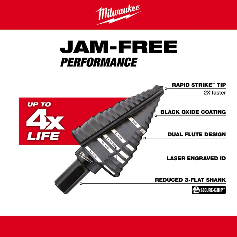 Milwaukee 48-89-9221 3-Flat Black Oxide Jam-Free Step Drill Bit Set - 3pc - Image 5