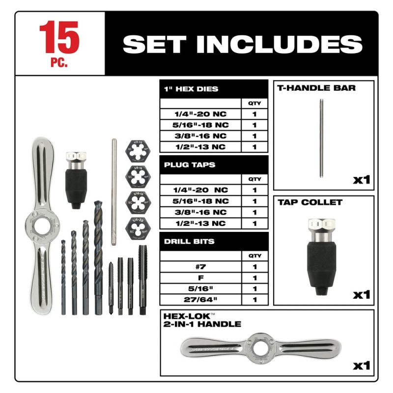 Milwaukee 49-22-5602 SAE Tap and Die Set w/ Hex-LOK 2-in-1 Handle - 17 PC - Image 2