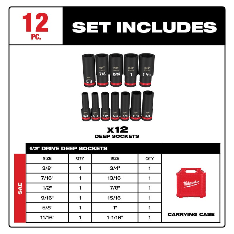 Milwaukee 49-66-7011 SHOCKWAVE 1/2" Drive SAE 6 Point Impact Socket Set - 12PC - Image 2