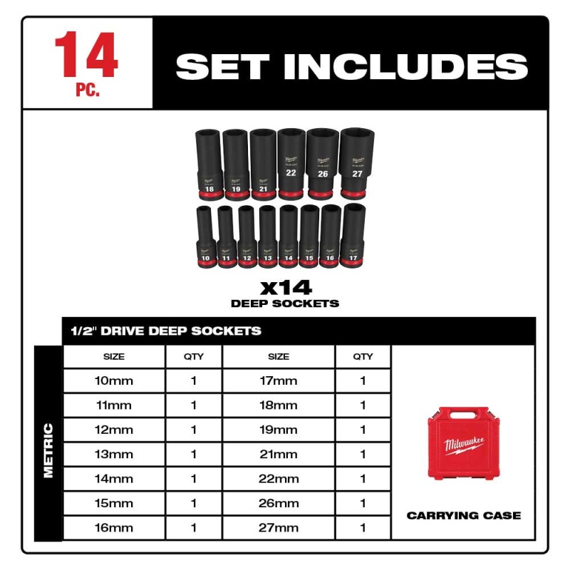 Milwaukee 49-66-7014 SHOCKWAVE 1/2" Impact Duty Metric Deep Socket Set - 14 PC - Image 2