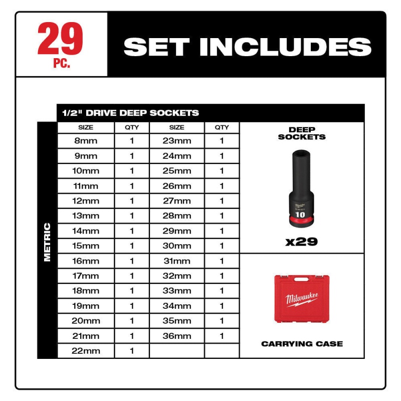 Milwaukee 49-66-7015 SHOCKWAVE 1/2" Drive Metric 6 Point Impact Socket Set -29PC - Image 2