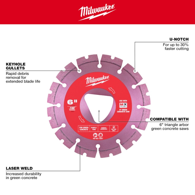 Milwaukee 49-93-7261 Purple 6" x 0.100" Diamond Blade for Green Concrete Saw - Image 4