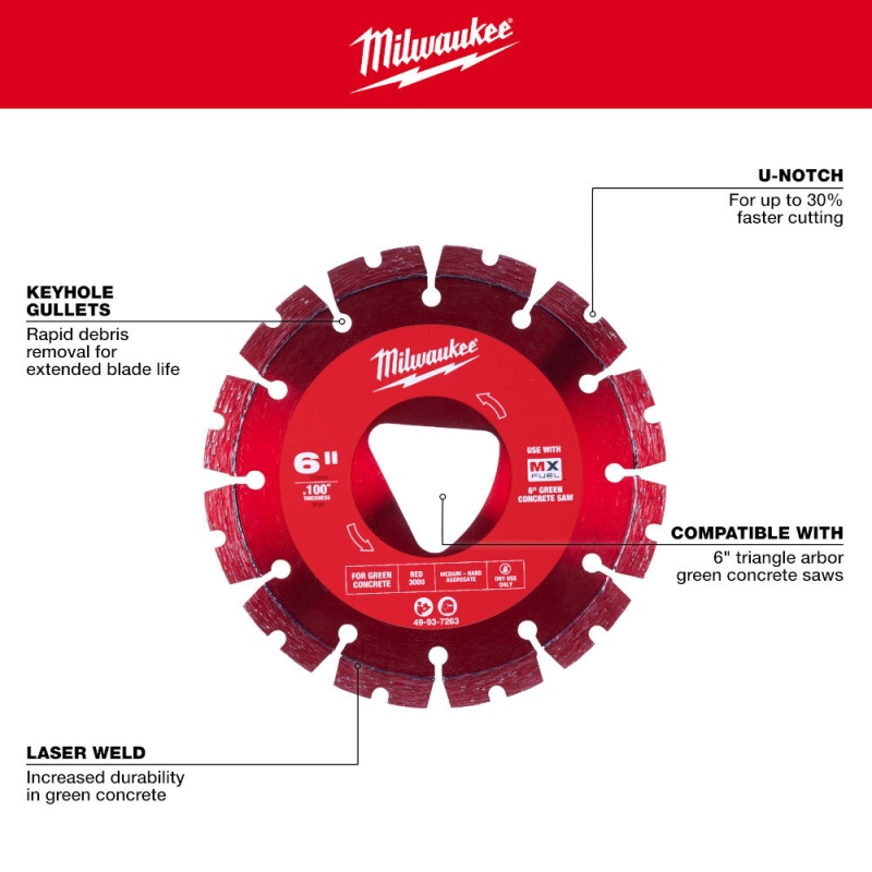 Milwaukee 49-93-7263 Red 6" x 0.100" Diamond Blade for Green Concrete Saw - Image 4