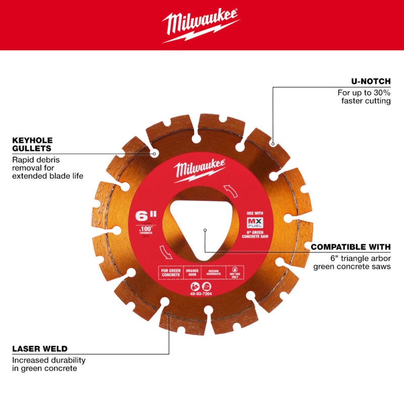 Milwaukee 49-93-7264 Orange 6" x 0.100" Diamond Blade for Green Concrete Saw - Image 4