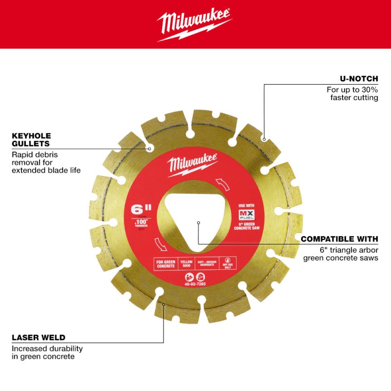 Milwaukee 49-93-7265 Yellow 6" x .100" Diamond Blade for Green Concrete Saw - Image 4