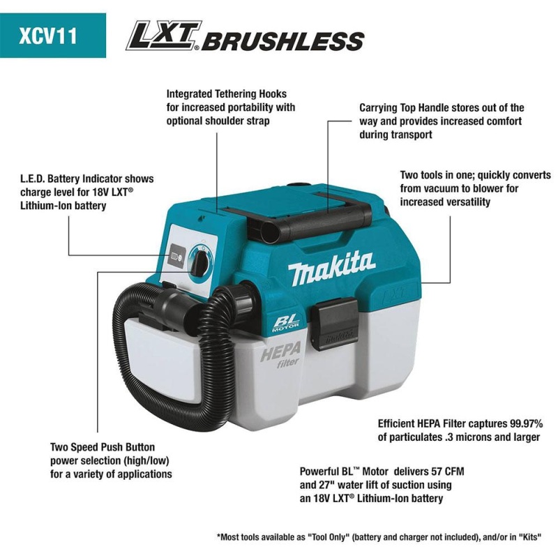 Makita XCV11Z 18 Volt 2 Gallon Brushless Wet/Dry Dust Extractor/Vacuum,Bare Tool - Image 3