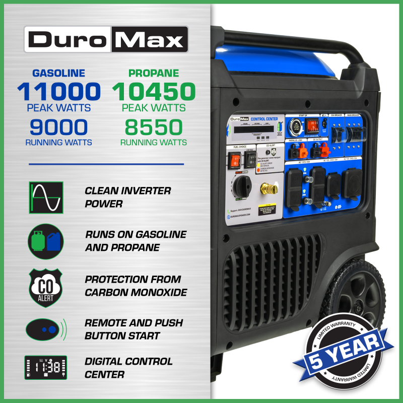 DuroMax XP11000iH 11,000 Watt Portable Dual Fuel Inverter Generator w/ CO Alert - Image 2