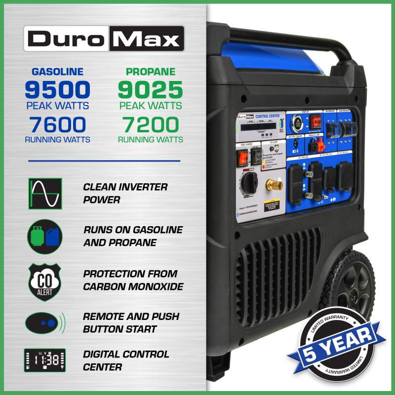 DuroMax XP9500iH 9,500 Watt Portable Dual Fuel Inverter Generator w/ CO Alert - Image 2