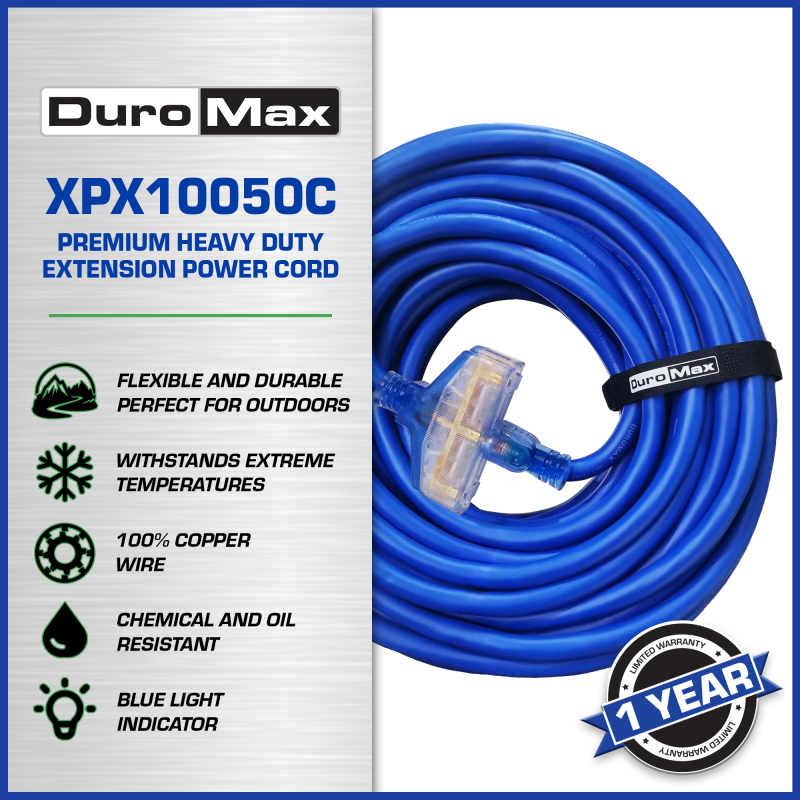 DuroMax XPX10050C Heavy Duty SJEOOW 50-Foot 10 Gauge Blue Triple Tap Extension Power Cord - Image 2