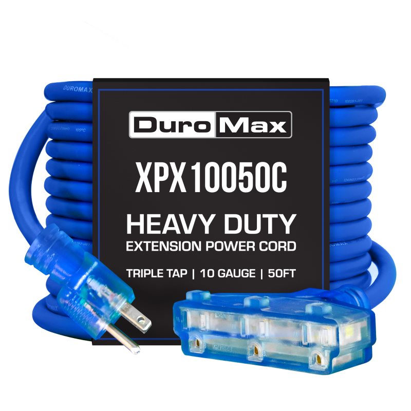 DuroMax XPX10050C Heavy Duty SJEOOW 50-Foot 10 Gauge Blue Triple Tap Extension Power Cord