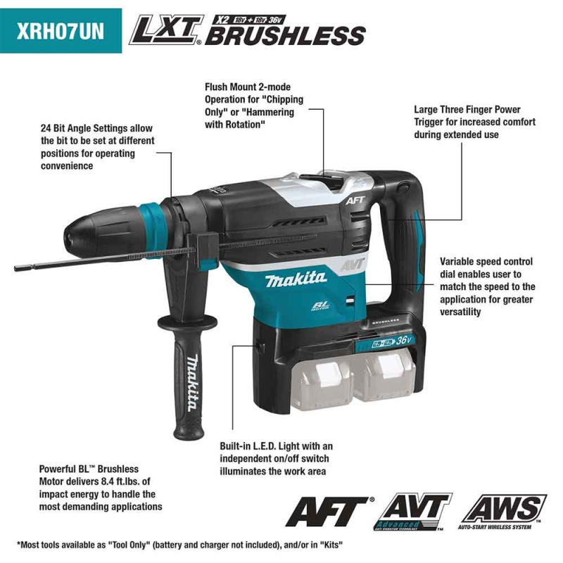 Makita XRH07ZKUN 18V X2 36V LXT 1-9/16" Brushless AVT Rotary Hammer - Bare Tool - Image 2