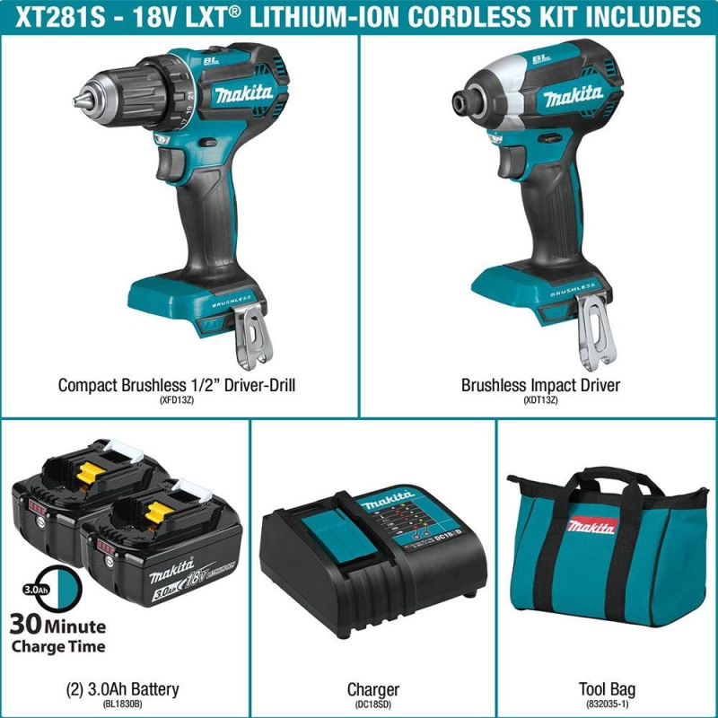 Makita XT281S 18 Volt 3.0Ah 2-Tool Brushless Cordless Driver Combo Kit - Image 2