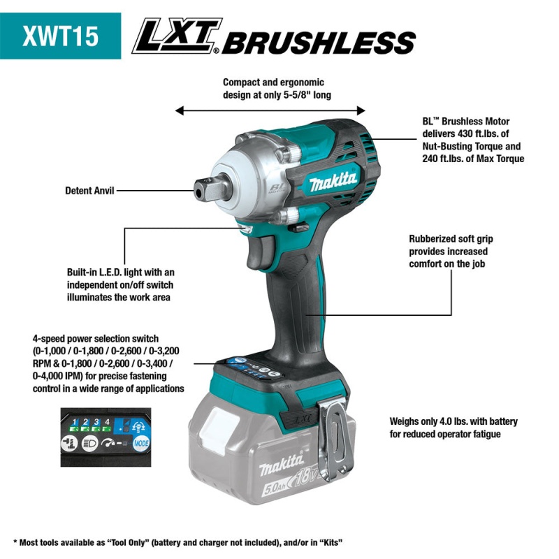 Makita XWT15XVZ 18V LXT BL 1/2" Brushless Utility Impact Wrench - Bare Tool - Image 2