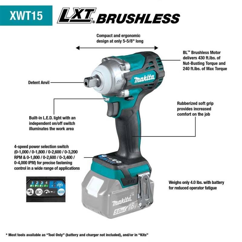 Makita XWT15Z 18V 1/2" LXT Cordless Impact Wrench Kit w/ Detent Anvil -Bare Tool - Image 2