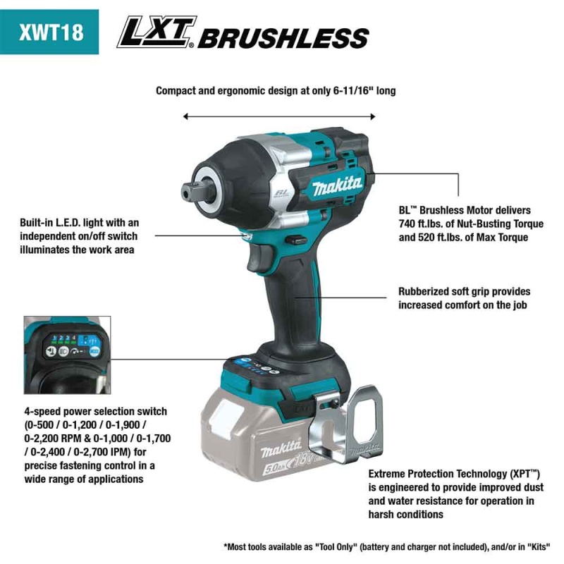 Makita XWT18XVZ 18V LXT 1/2" Sq. Drive Cordless Utility Impact Wrench -Bare Tool - Image 2