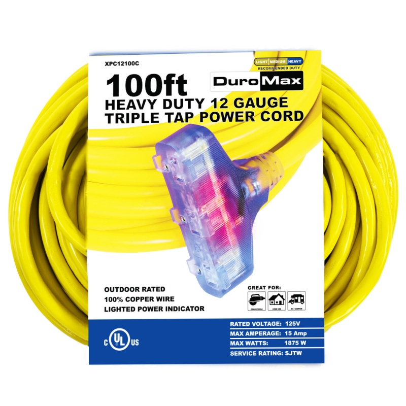 DuroMax XPC12100C 100-Foot 12 Gauge Triple Tap Extension Power Cord